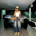 Washed Cat-Whisker Distressed Knife-Cut Denim Pants with Oversized Silhouette