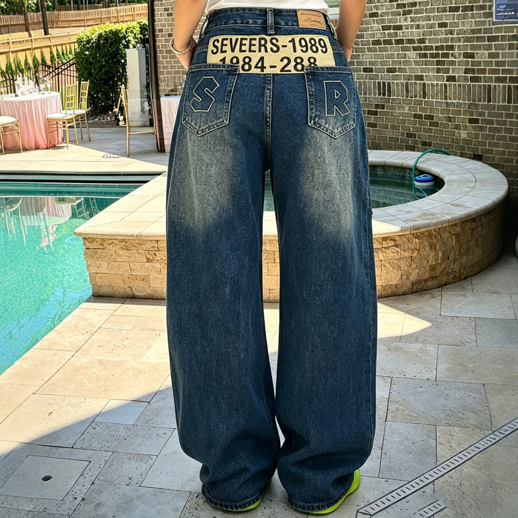 Street Style Asymmetric Letter Patch Washed Frayed Denim Pants