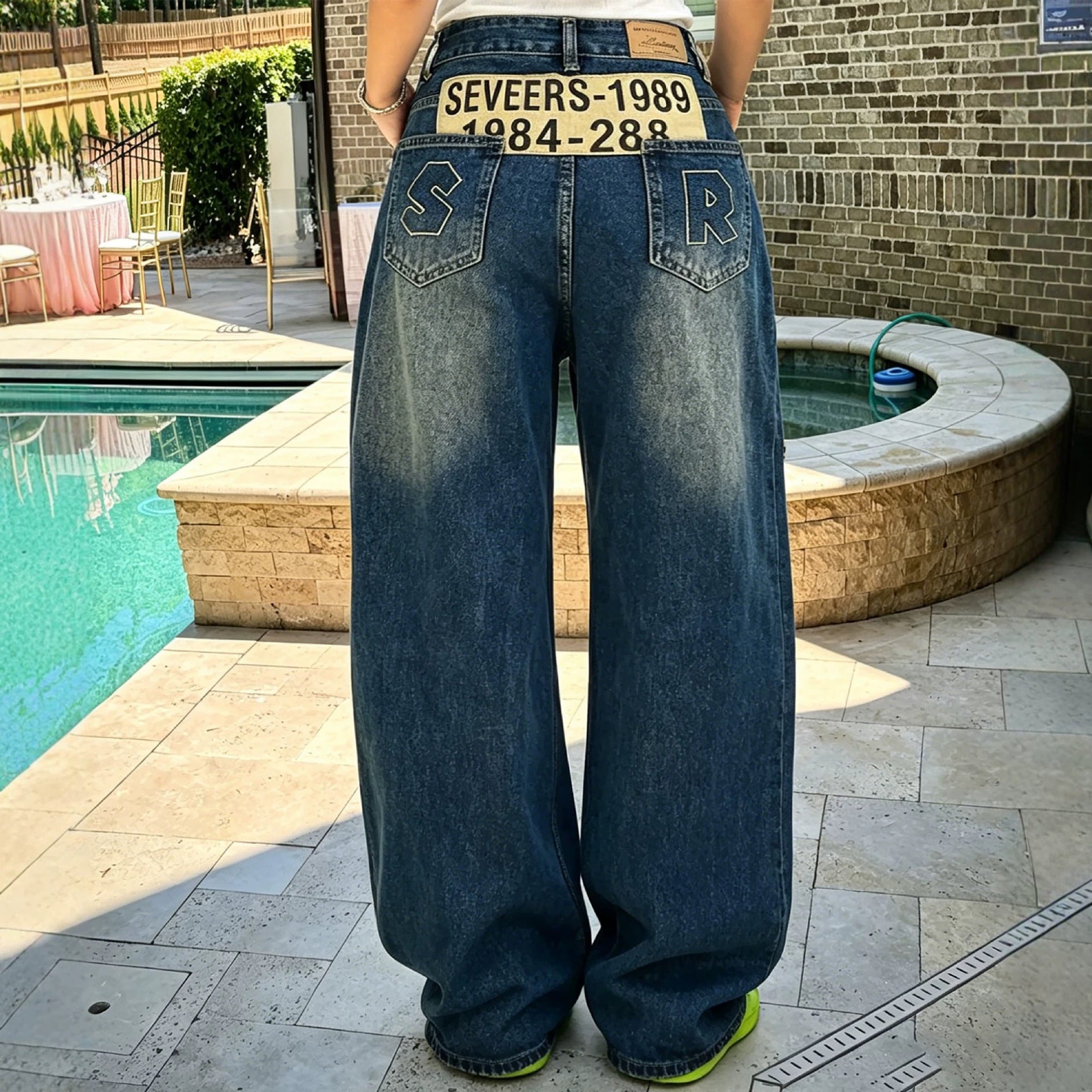Street Style Asymmetric Letter Patch Washed Frayed Denim Pants