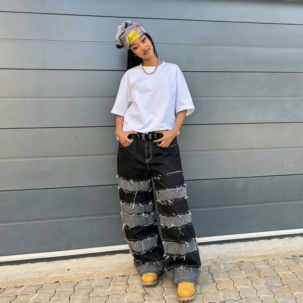 Street Deconstructed Black and Gray Patchwork Raw Hem Denim Pants