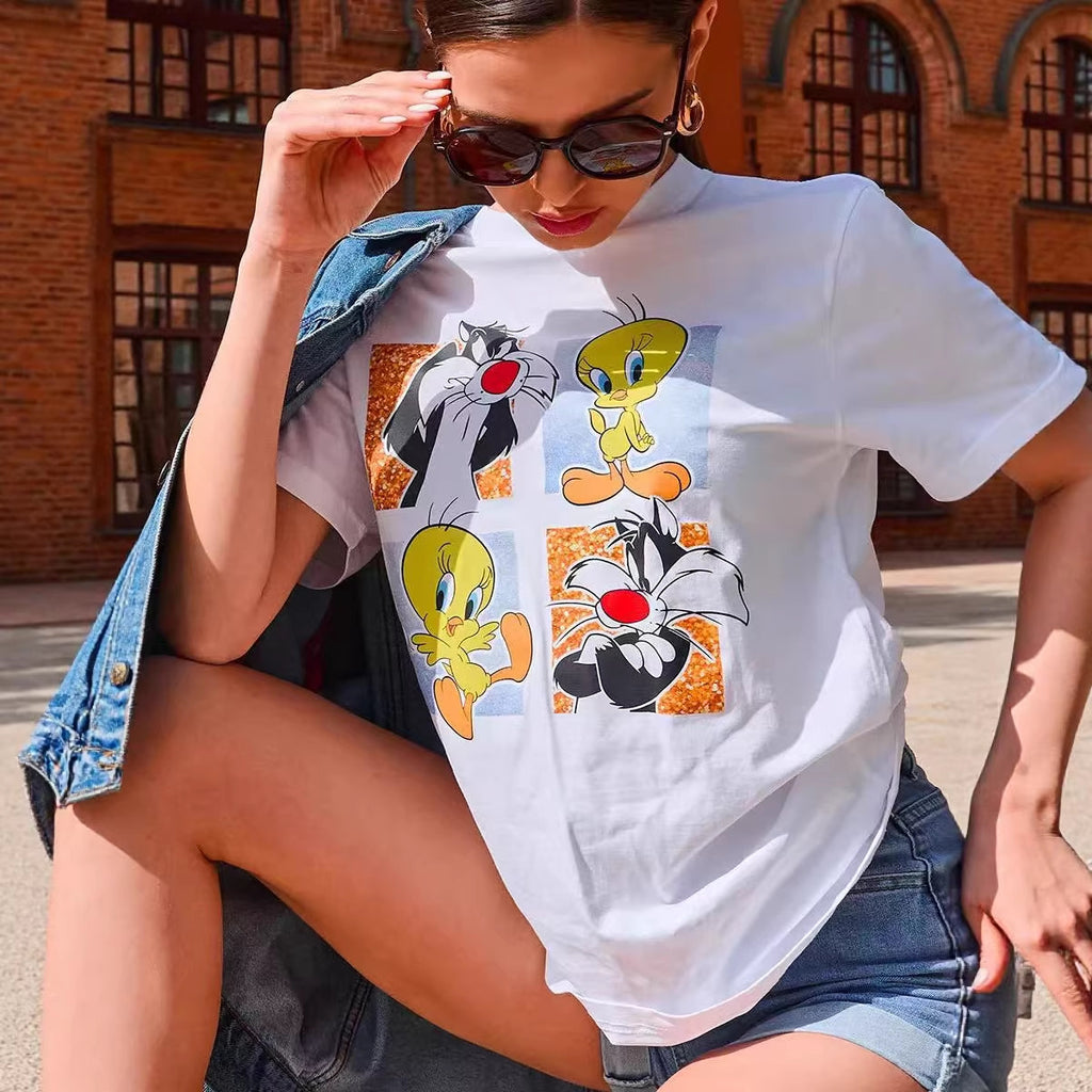 Round neck loose short sleeved top for women