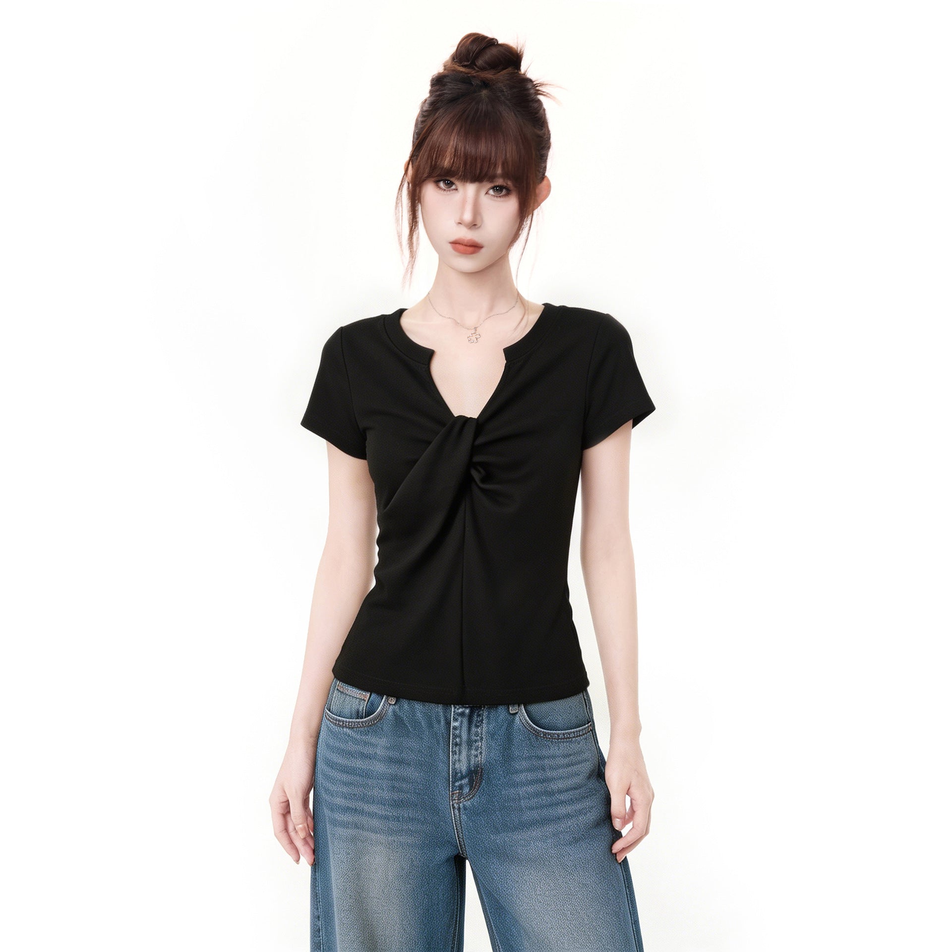 V-Neck Knot Design Off-Shoulder Short Sleeve T-Shirt for Women, Summer Fitted Slimming One-Shoulder Sexy Top