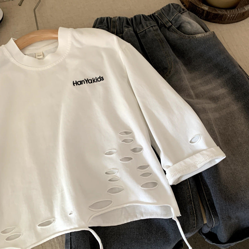 Printed letter perforated round neck long sleeved T-shirt