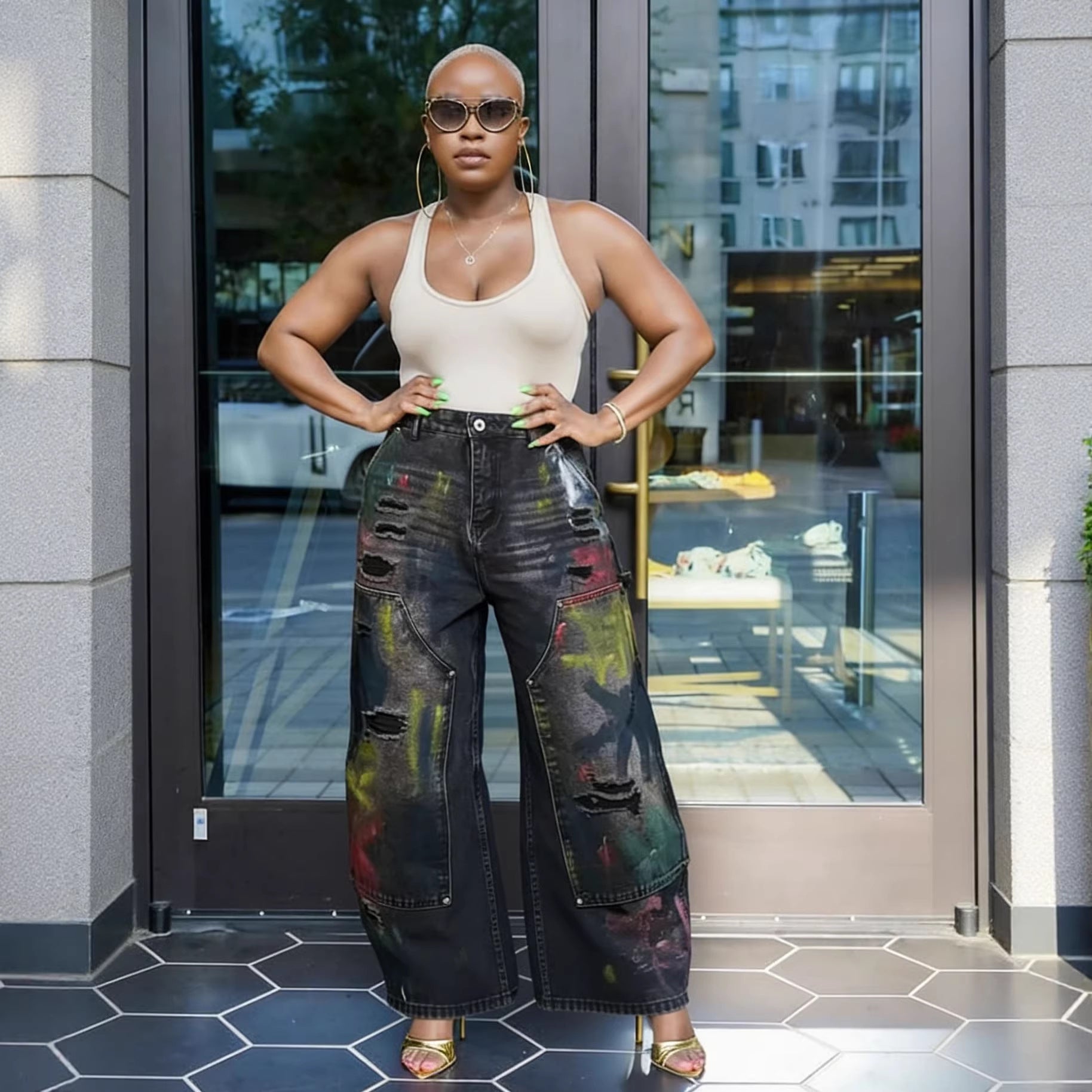 Street Style Heavy-Duty Painted Graffiti Ripped Jeans