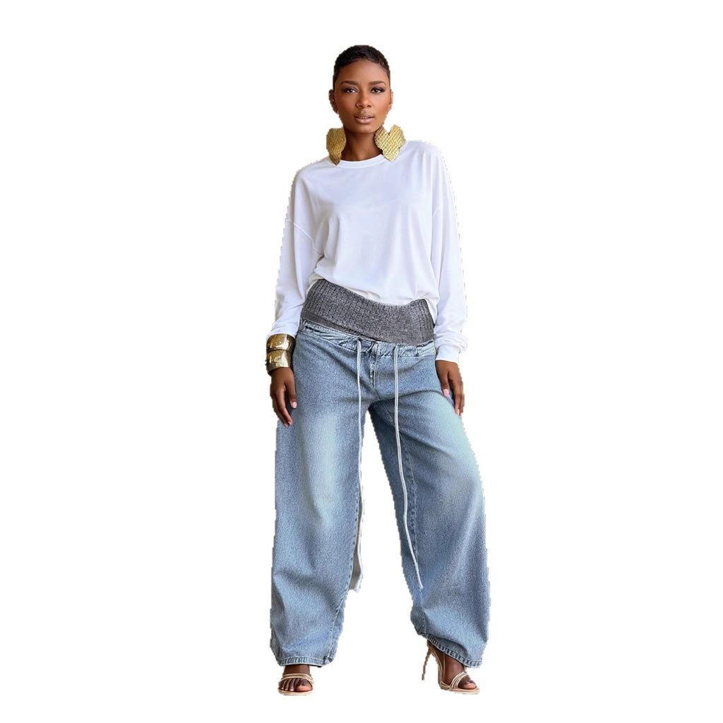 Washed Distressed Ribbed Elastic Waist Wide Leg Jeans