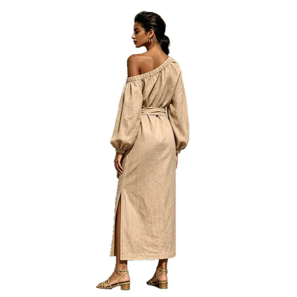 Fashionable Elegant Loose Linen Off-Shoulder Side Slit Dress with Belt