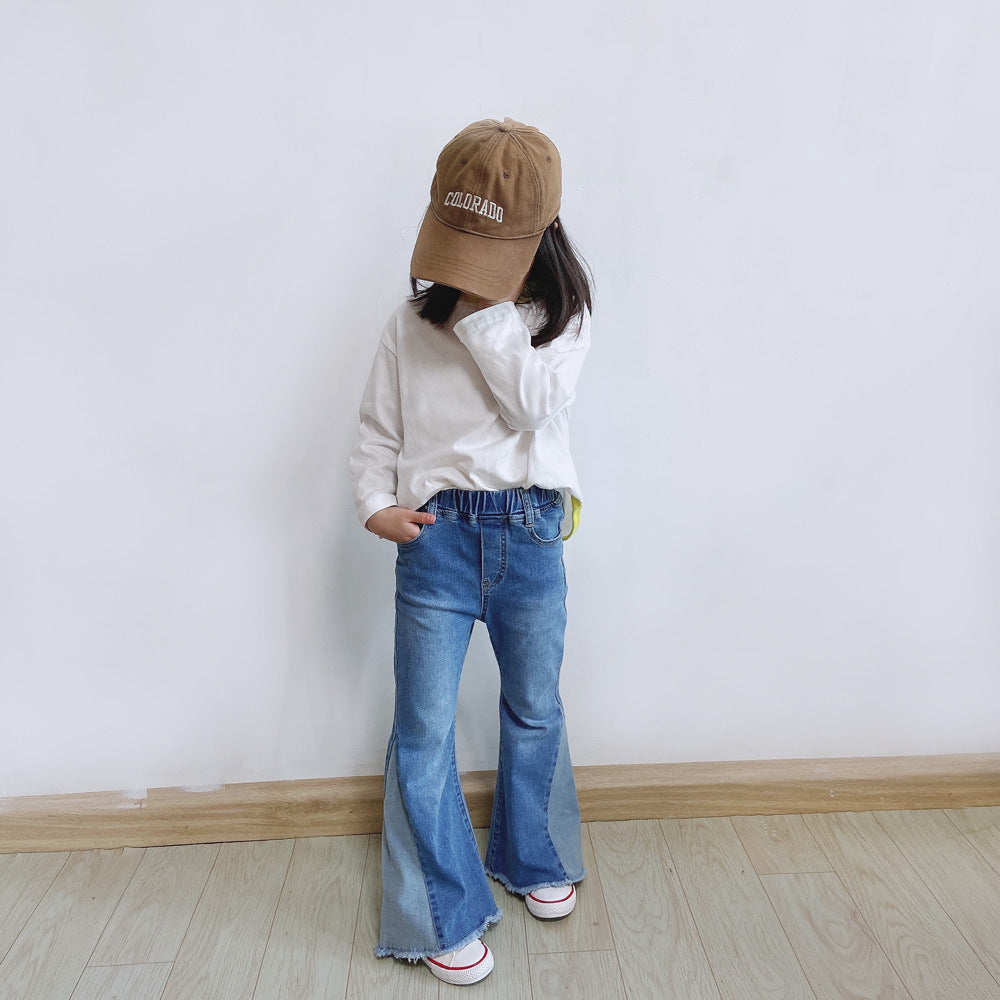 Wide Leg Jeans for Girls, Color-blocked Denim Pants