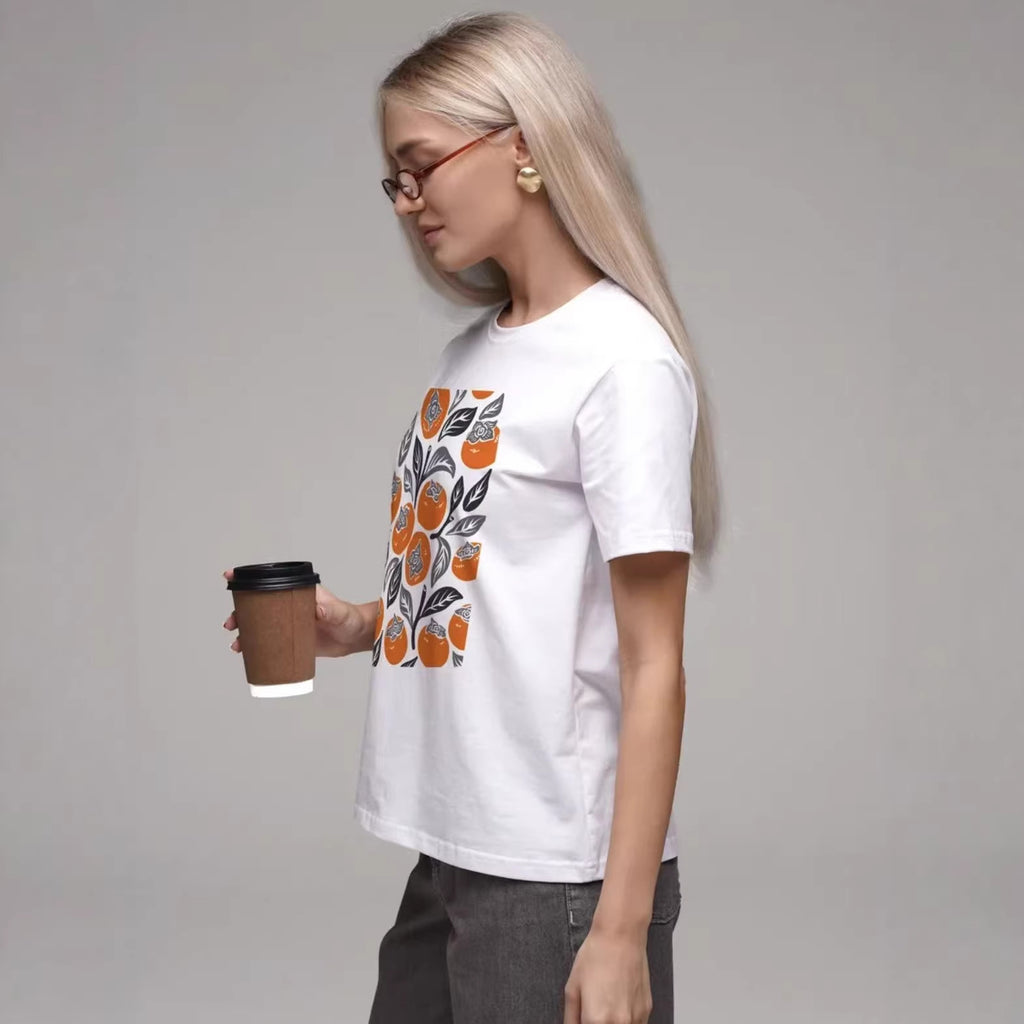 Persimmon pattern round neck loose short sleeved top for women