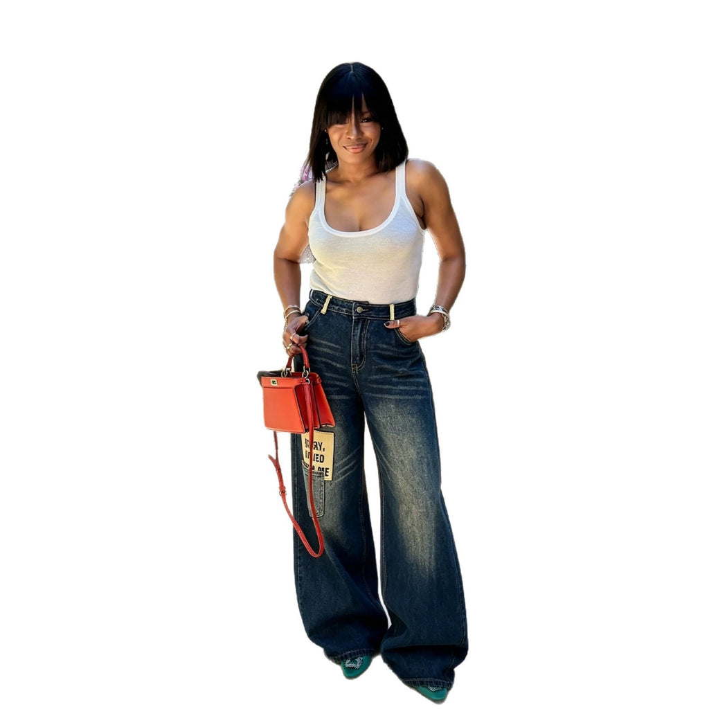 Street Style Asymmetric Letter Patch Washed Frayed Denim Pants