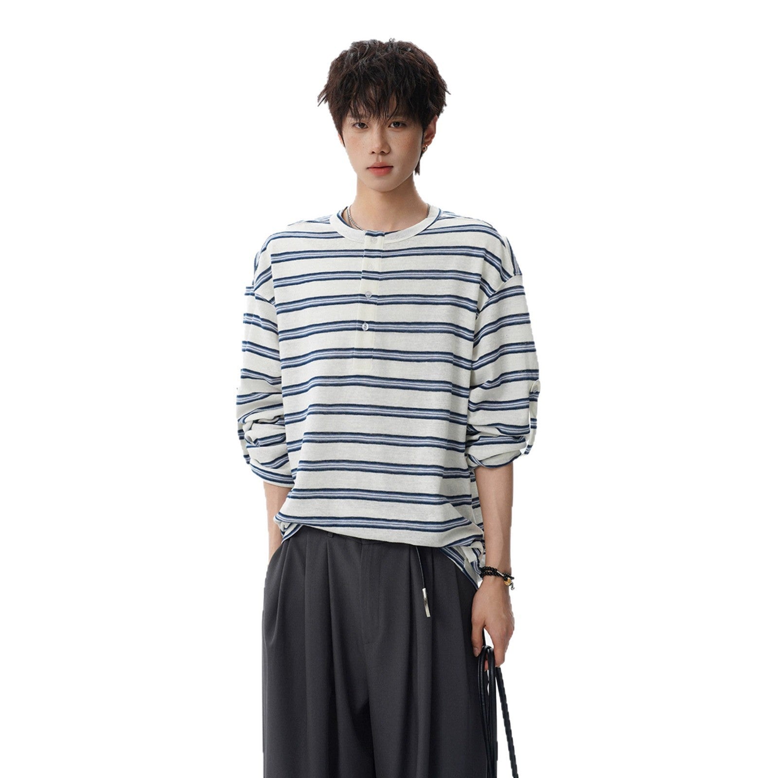 Black and White Stripe Henley Neck Long Sleeve T-Shirt