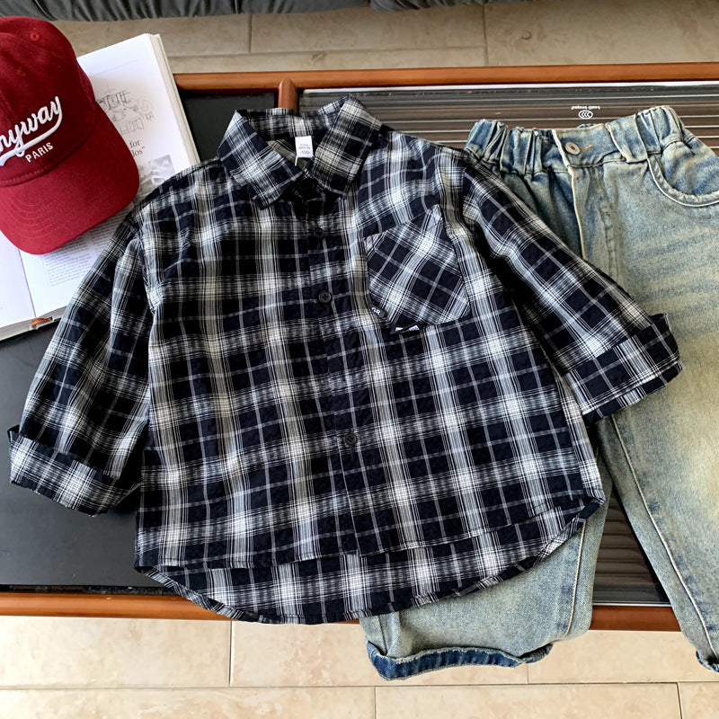Checkered shirt for boys spring and autumn long sleeved shirt top
