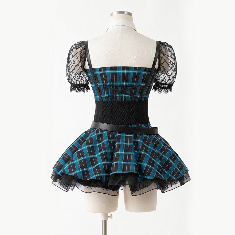 Elven High School Francine Cosplay Costume College Style Waist-Cinched Plaid Dress Halloween Role-Play Outfit
