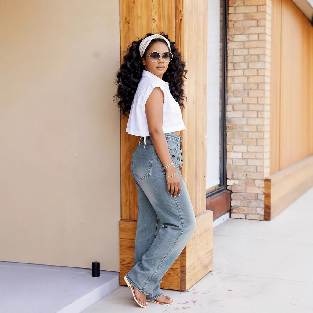 Street Style Detachable Multi-Pocket Belted Washed Distressed Denim Pants