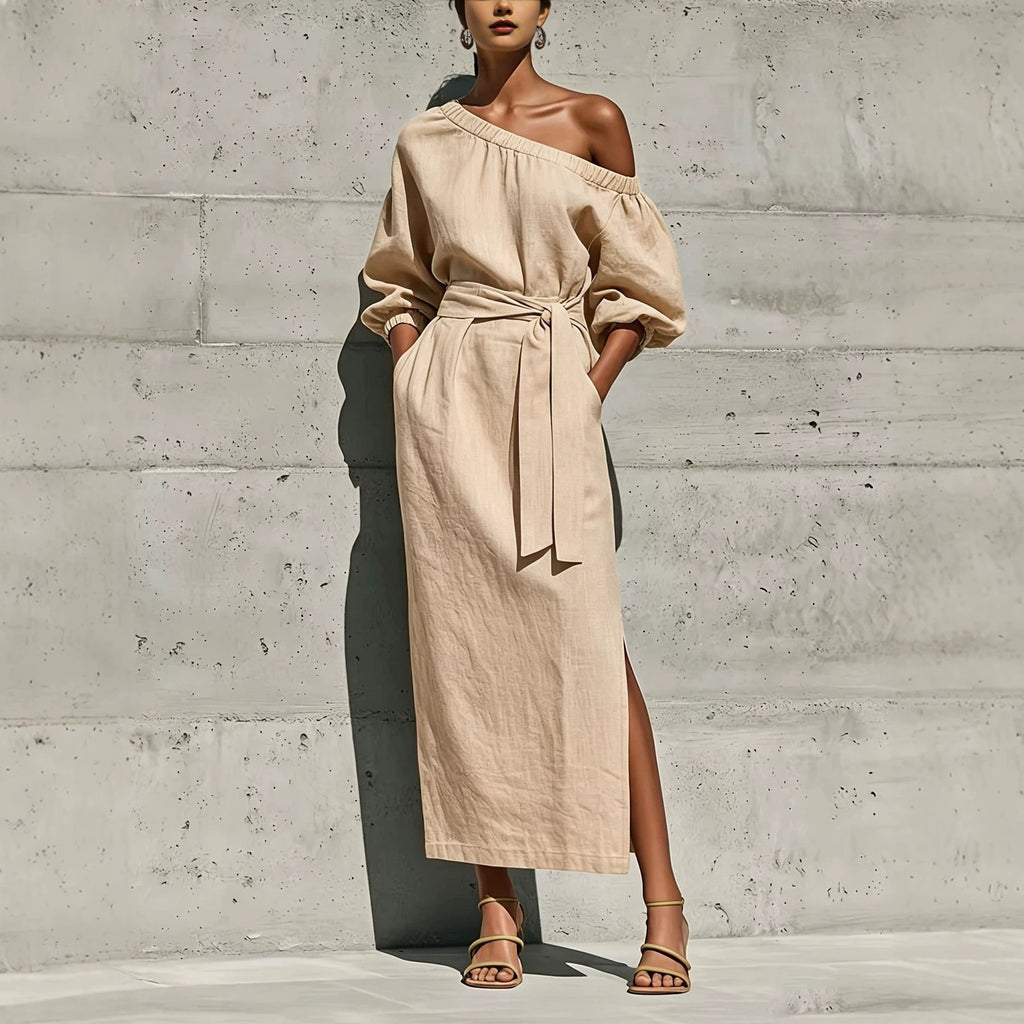 Fashionable Elegant Loose Linen Off-Shoulder Side Slit Dress with Belt