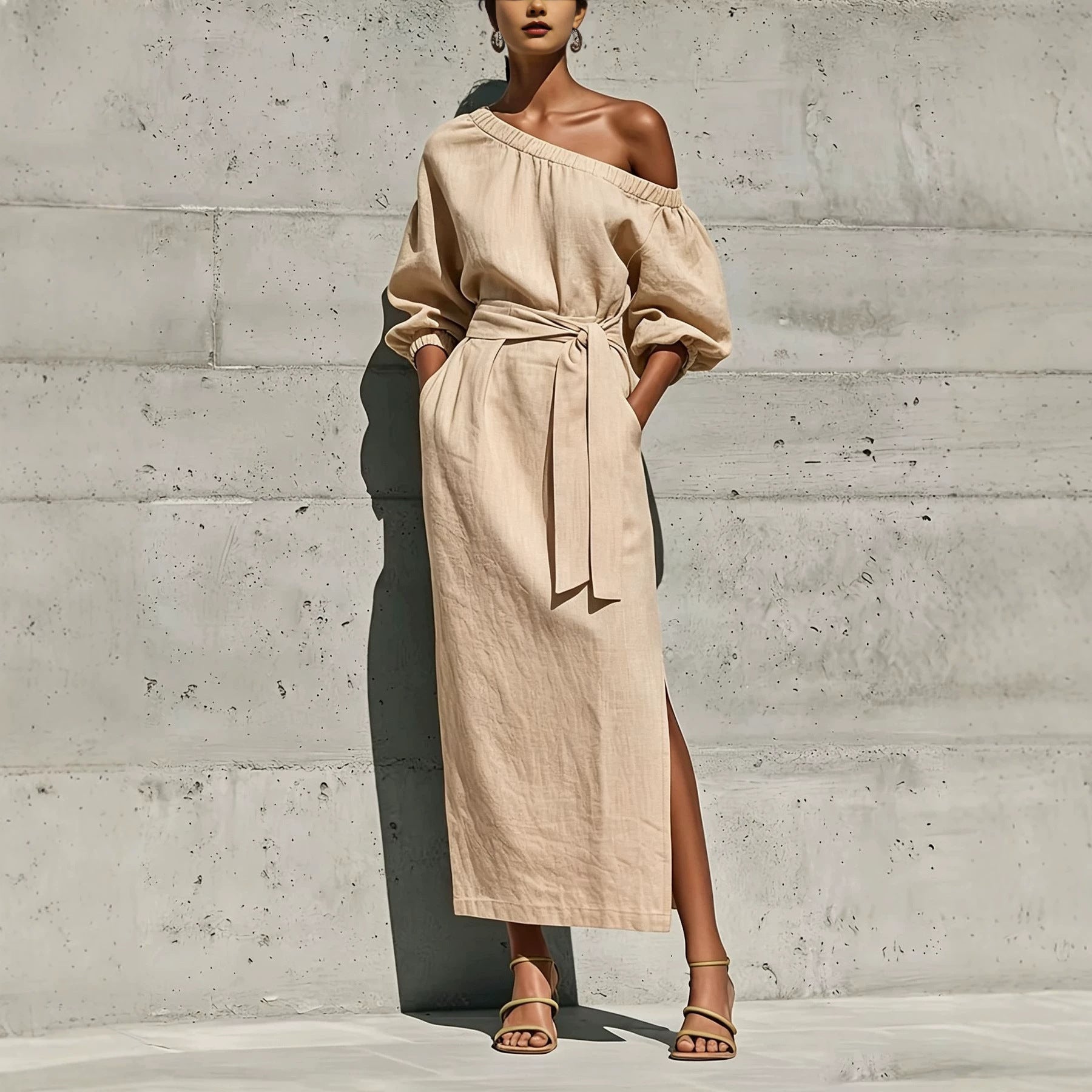 Fashionable Elegant Loose Linen Off-Shoulder Side Slit Dress with Belt