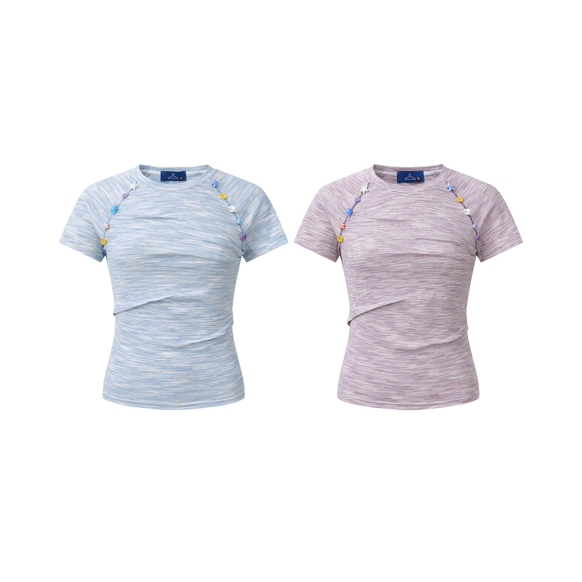 Women's Slim Fit Round Neck Short Sleeve Small Color Block Pleated Button T-Shirt
