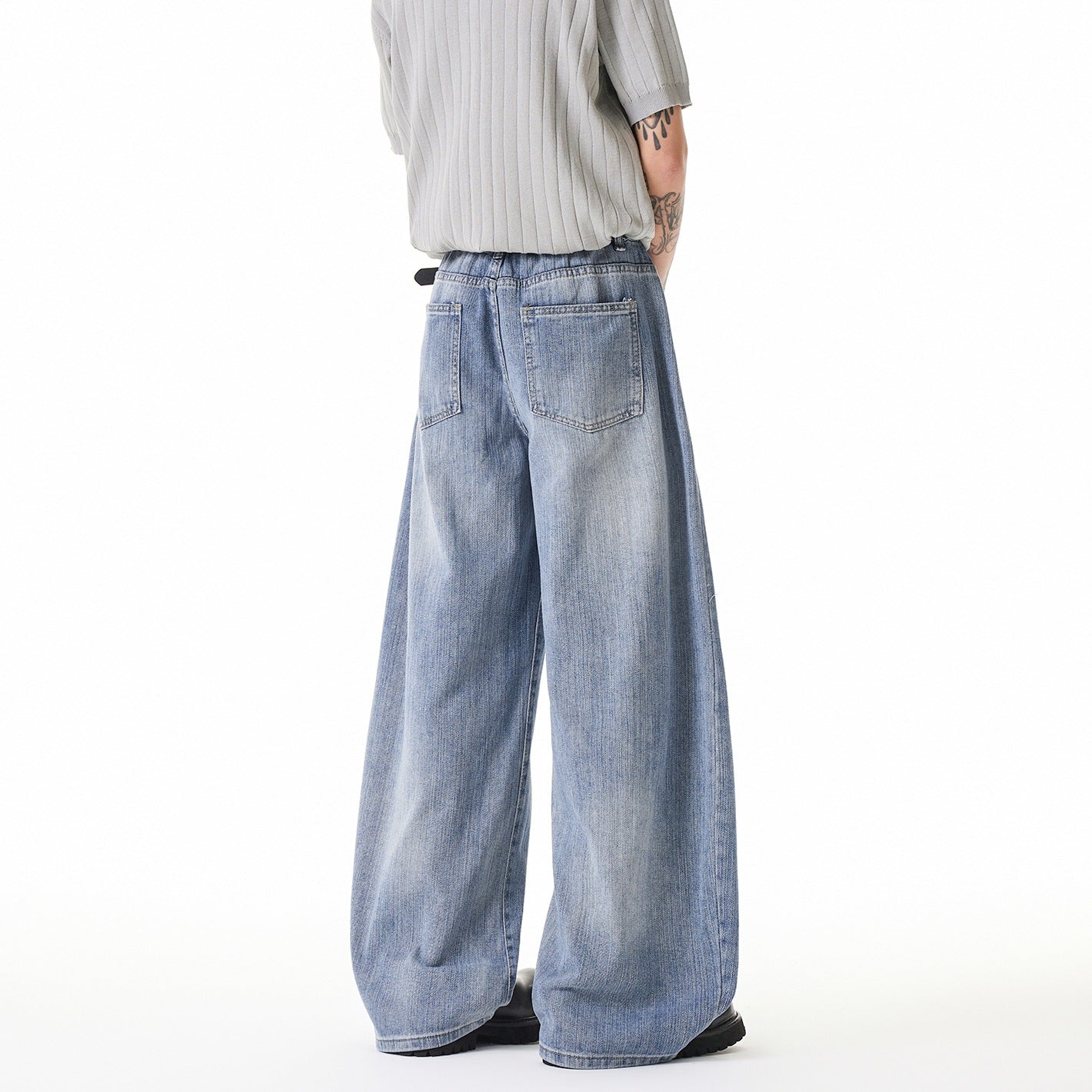 Street Style Washed Stripe Wide Leg Jeans Men's Loose High Waist Drop Crotch Pants