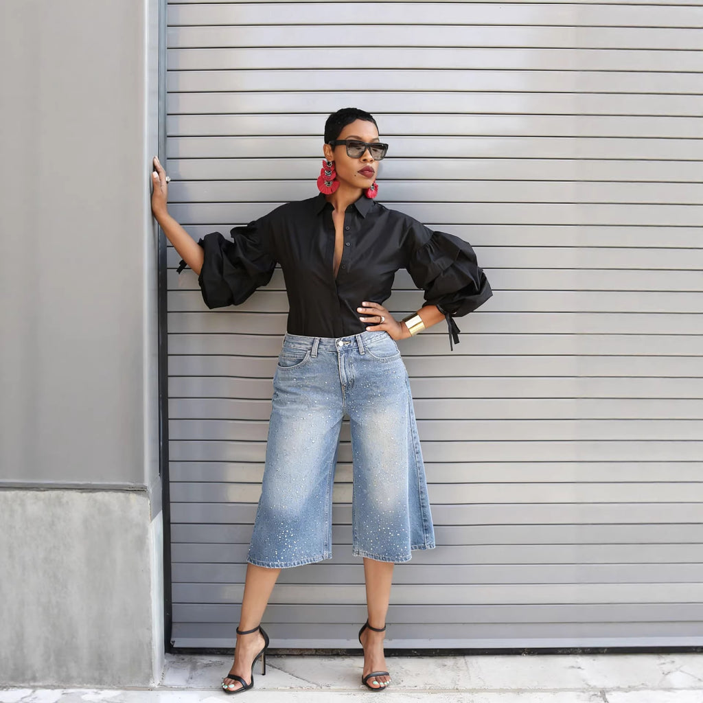Fashion Studded High-Waisted Washed Bleached Denim Mid-Length Pants