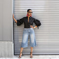 Fashion Studded High-Waisted Washed Bleached Denim Mid-Length Pants