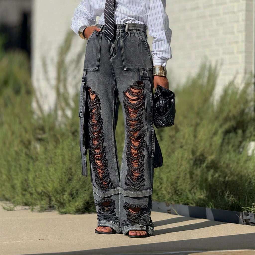 Hiphop Street Style Ripped Tie-Detail Cargo Jeans