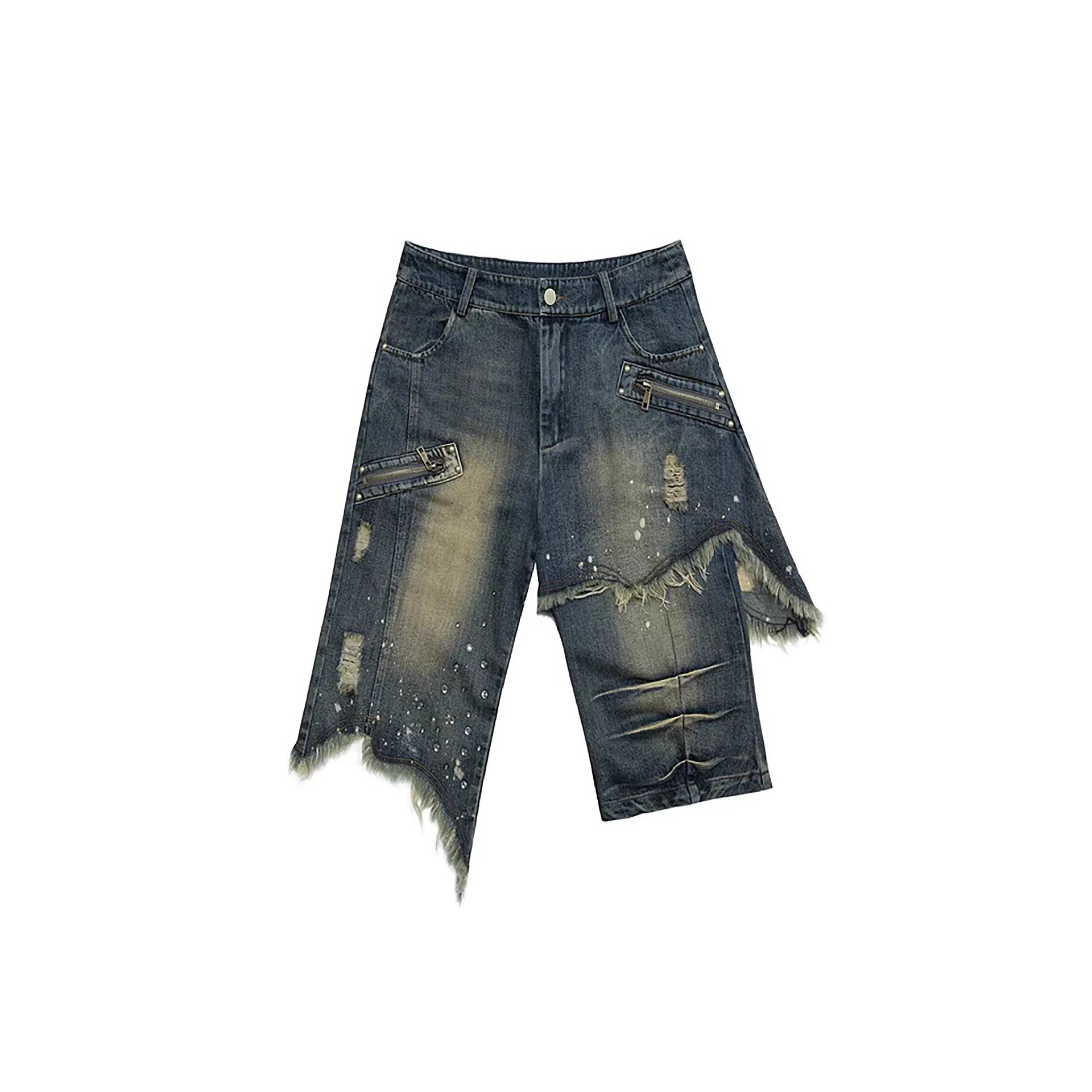 Street Style Asymmetric Frayed Hem Five-Pocket Denim Shorts