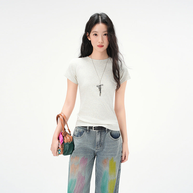 Round Neck Basic Cotton Fitted Short Sleeve T-Shirt for Women