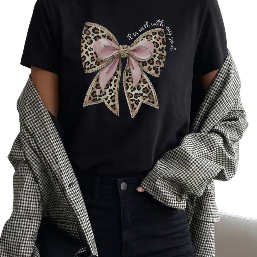 Leopard print bow print short sleeved T-shirt for women