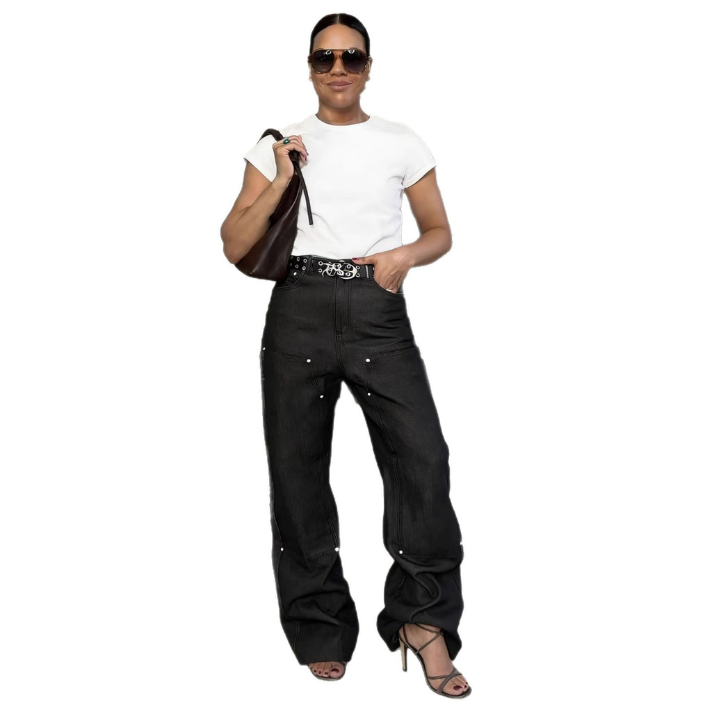 Street Style Stud Panel Straight Leg Washed Denim Pants