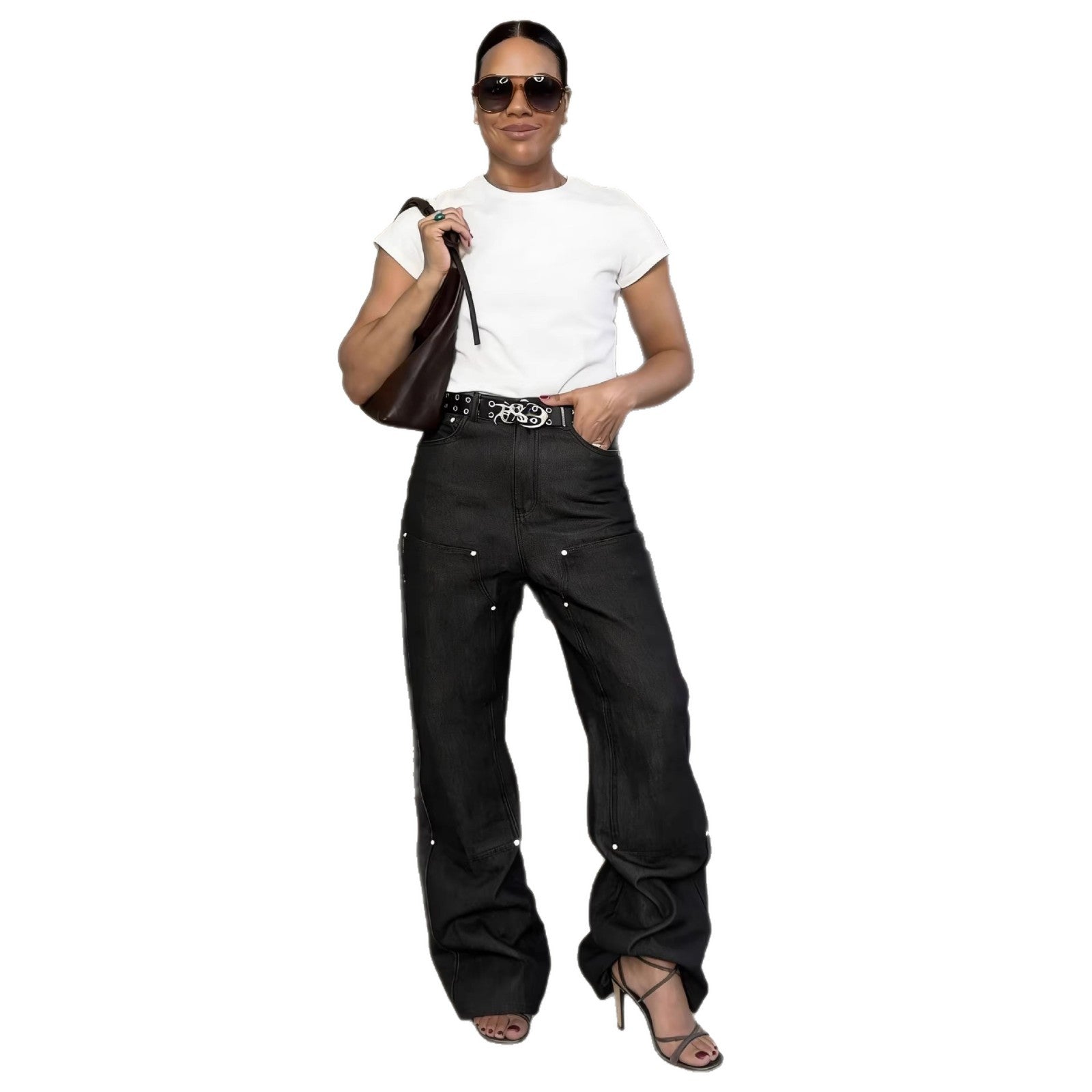 Street Style Stud Panel Straight Leg Washed Denim Pants