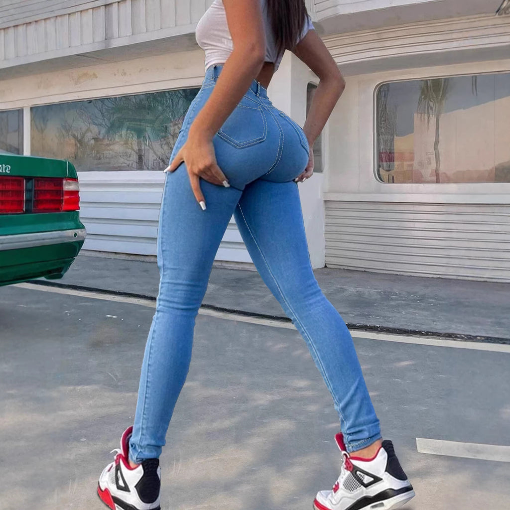 Light Blue Denim Skinny Pants Elastic Pencil Pants Casual Fashion Stretch Bottoms