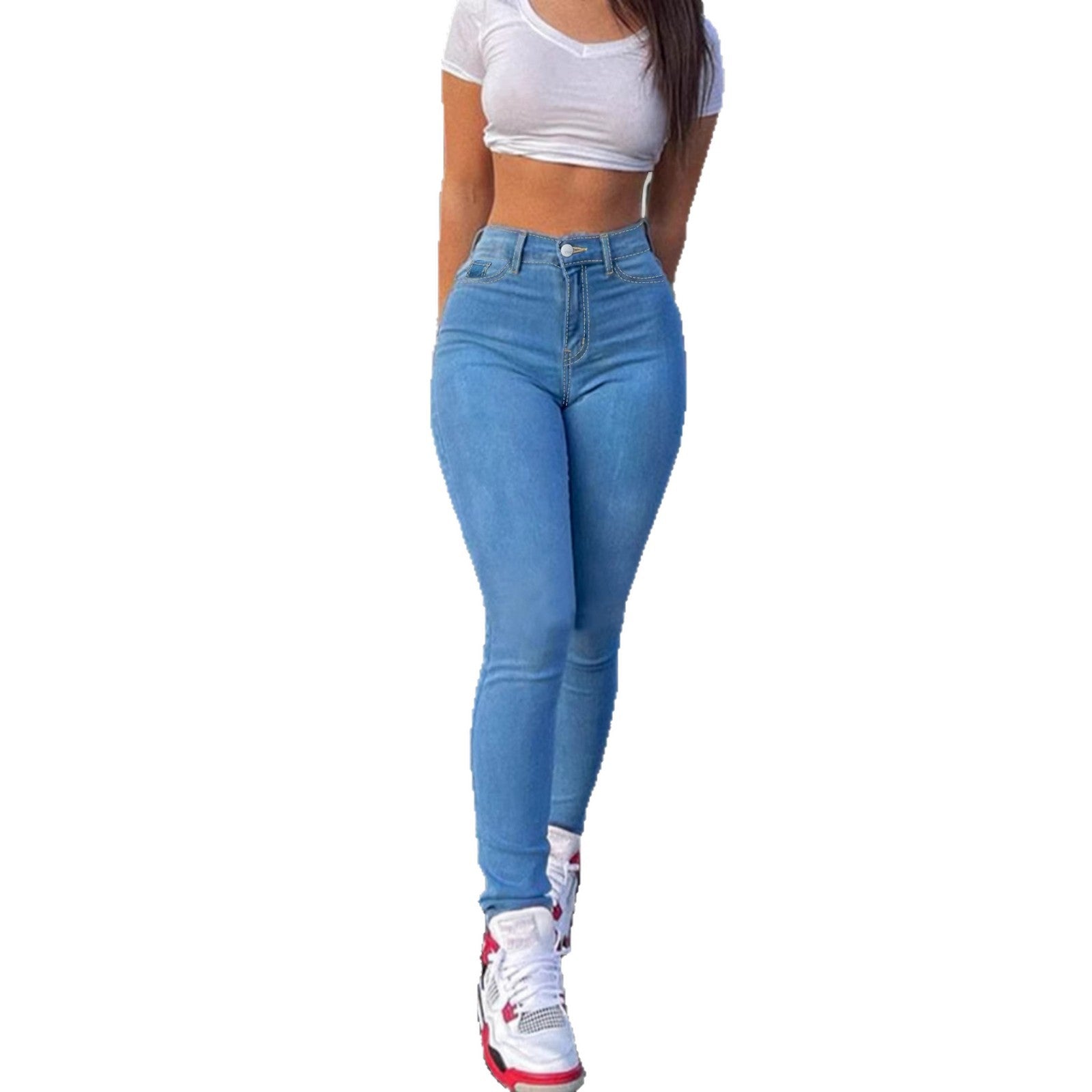 Light Blue Denim Skinny Pants Elastic Pencil Pants Casual Fashion Stretch Bottoms