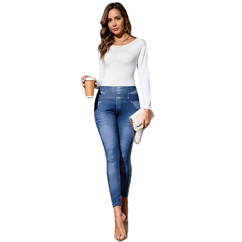 Denim-style Fitness Pants for Women High Waist Slimming Butt-Lifting Elastic Running Yoga Casual Trousers