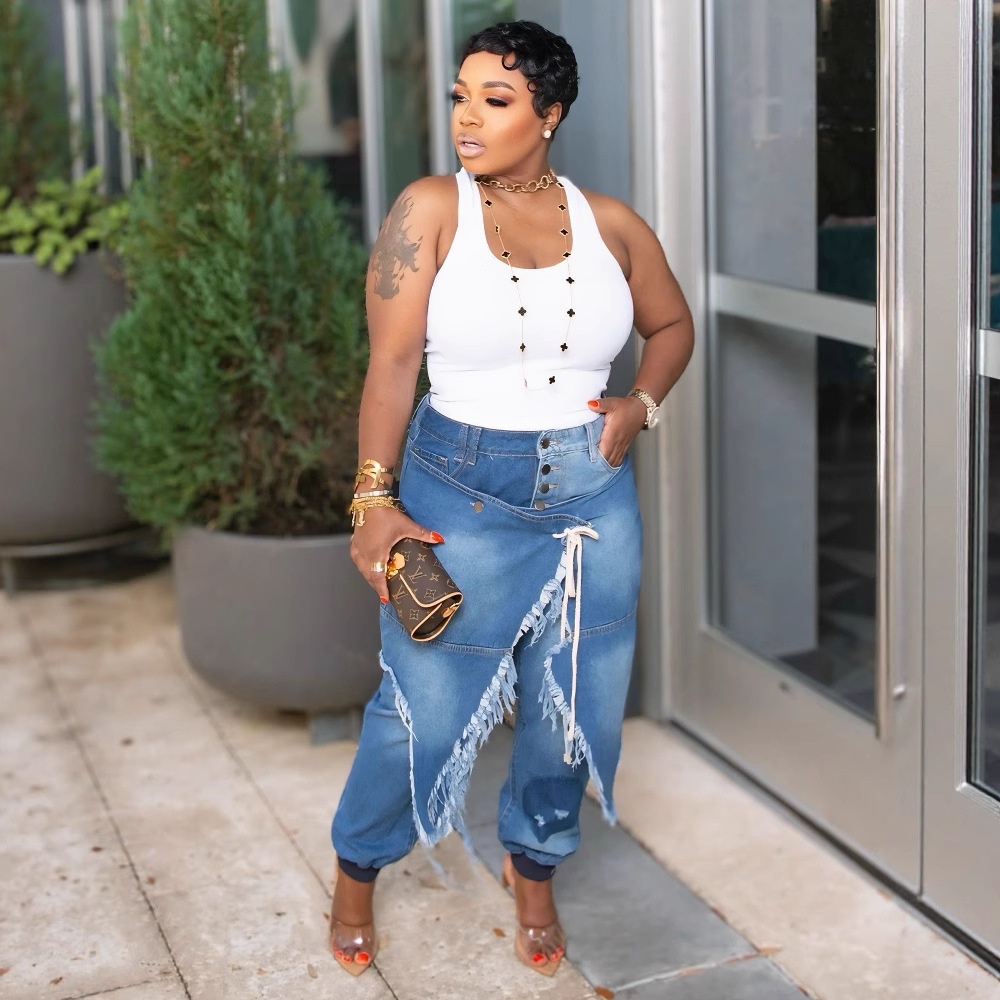 Ripped Tie-Waist Slim Fit Ribbed Cuffed Jeans