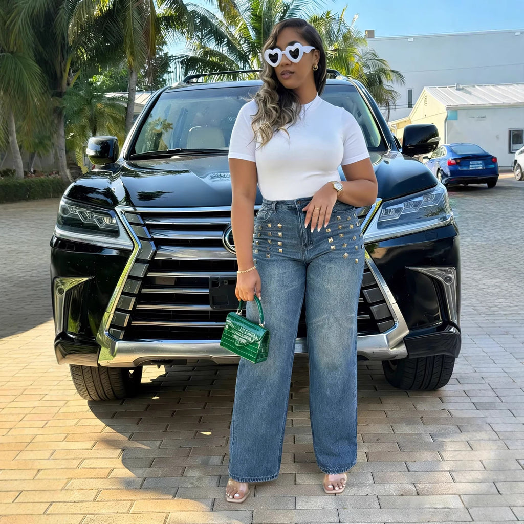 Street Style Rivet Straight Leg Washed Denim Pants