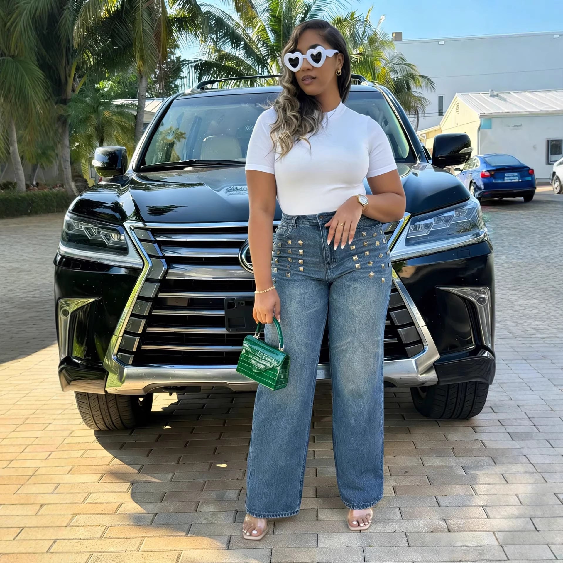 Street Style Rivet Straight Leg Washed Denim Pants
