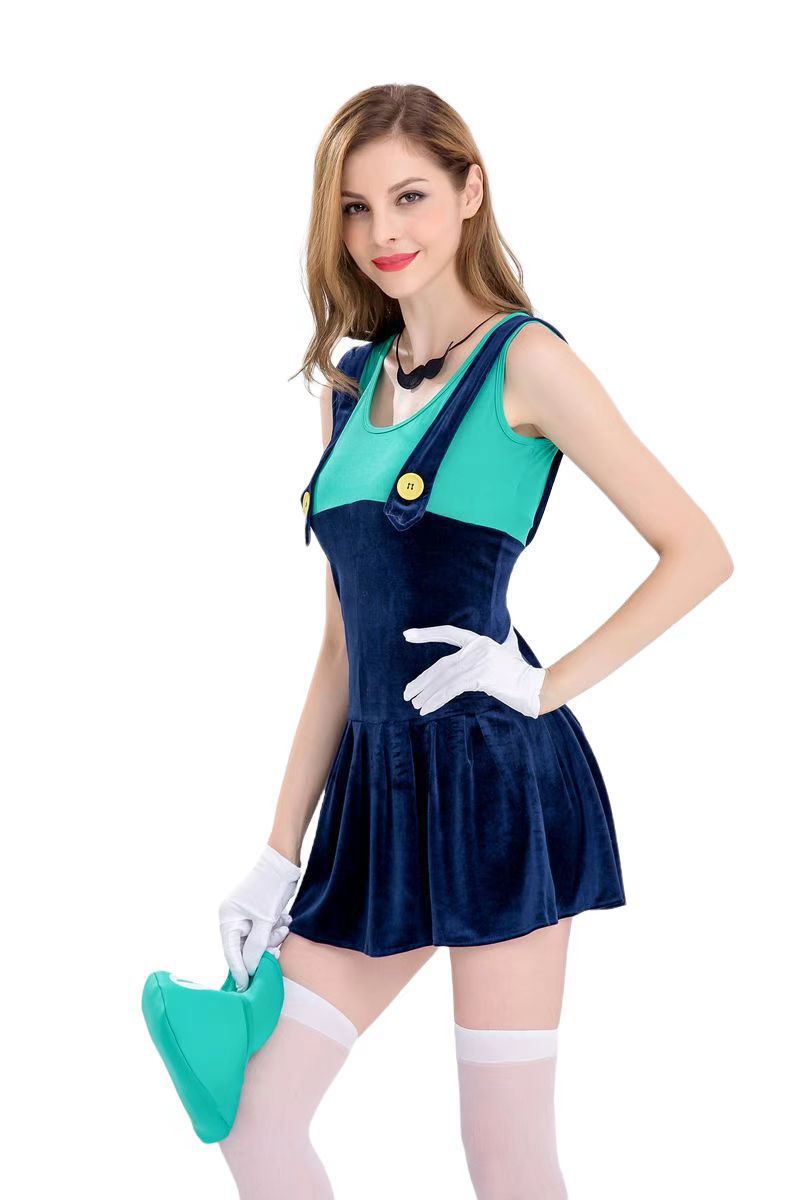 Halloween Overalls Dress Set Game Super Mario Adult Women's Costume Stage Performance Outfit