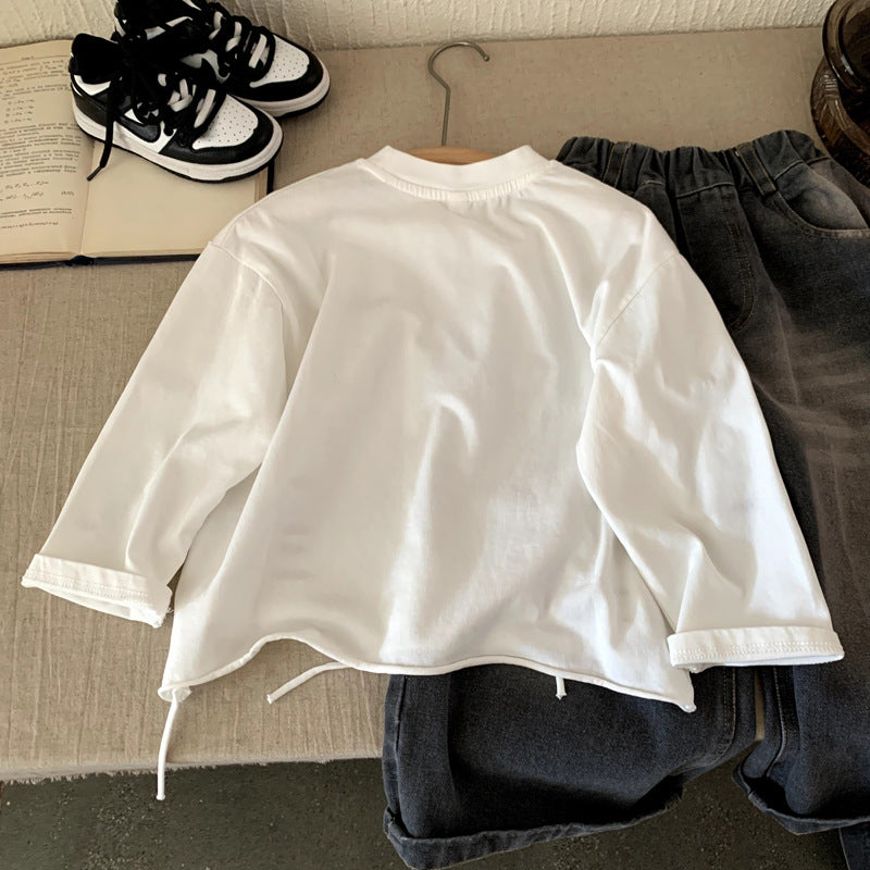 Printed letter perforated round neck long sleeved T-shirt