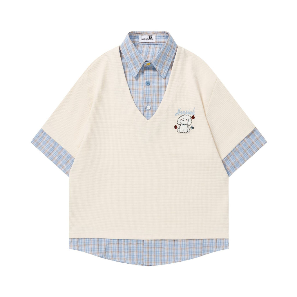 Small dog embroidered checkered short sleeved shirt