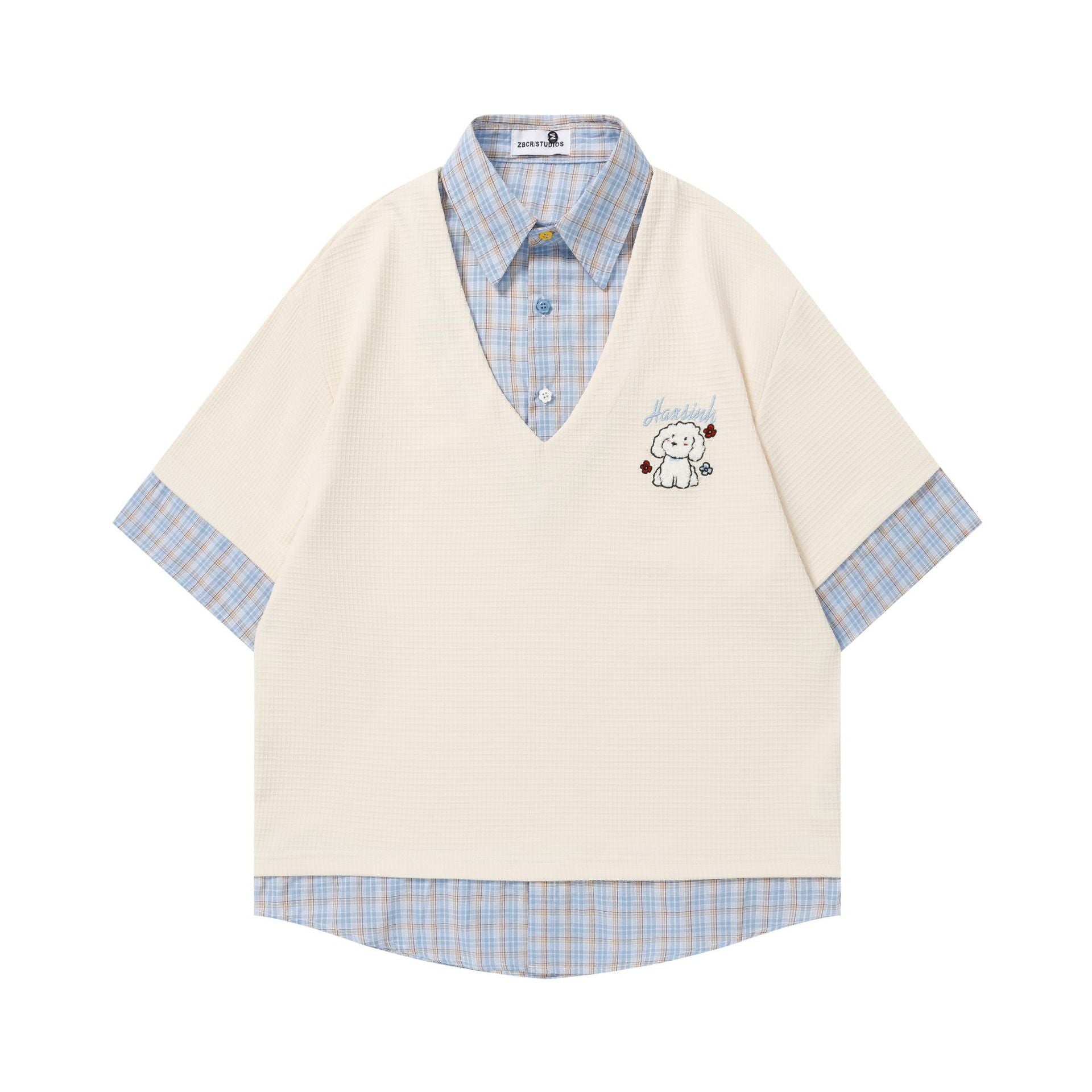 Small dog embroidered checkered short sleeved shirt