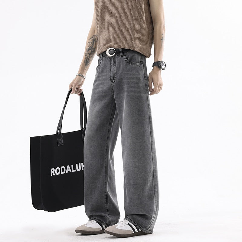 Denim Pants Men Loose Straight Leg Blue Casual Drape Wide Leg Long Pants