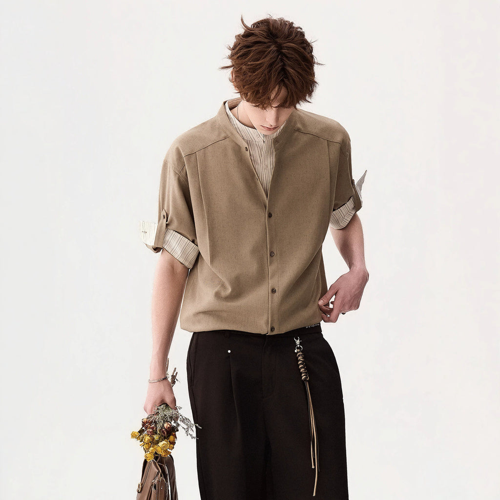 Two-Piece Stand Collar Short Sleeve Shirt for Men
