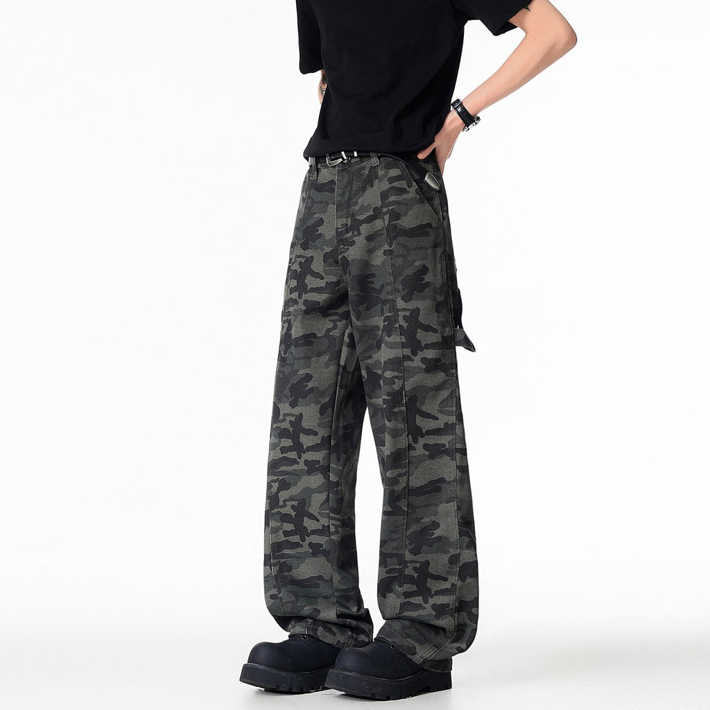 Street Style Camouflage Denim Pants Men Loose Straight Leg Floor-Length Cargo Pants