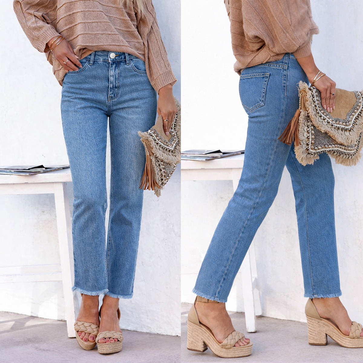 Straight Leg Ankle-Length White Raw Hem Denim Pants T Casual Wear