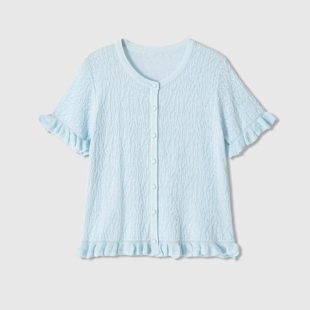 Short sleeved round neck lace layered knitted top