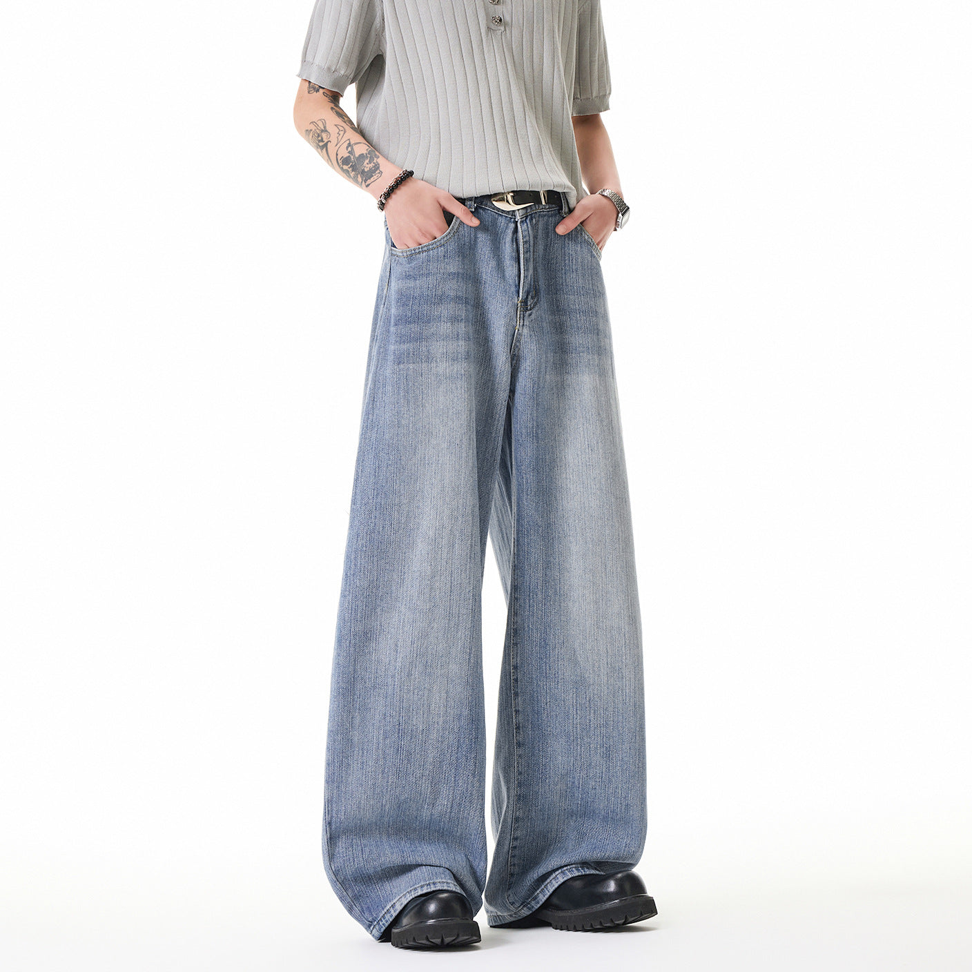 Street Style Washed Stripe Wide Leg Jeans Men's Loose High Waist Drop Crotch Pants