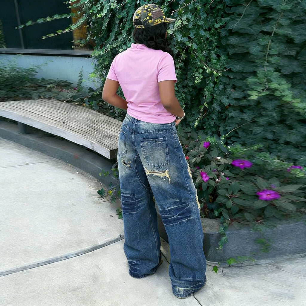 Street Style Ripped Distressed Painted Washed Denim Pants