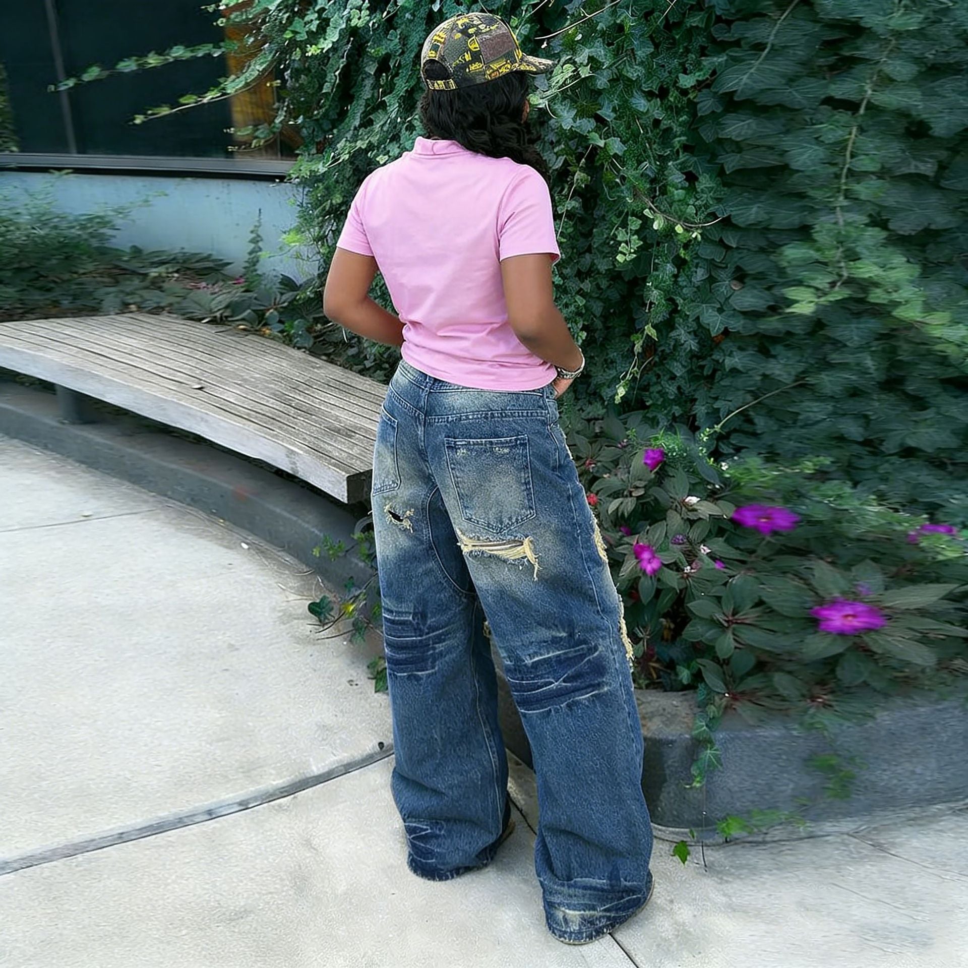Street Style Ripped Distressed Painted Washed Denim Pants