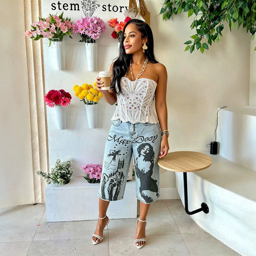 Streetwear Character Graffiti Print Seven-Eighth Denim Pants