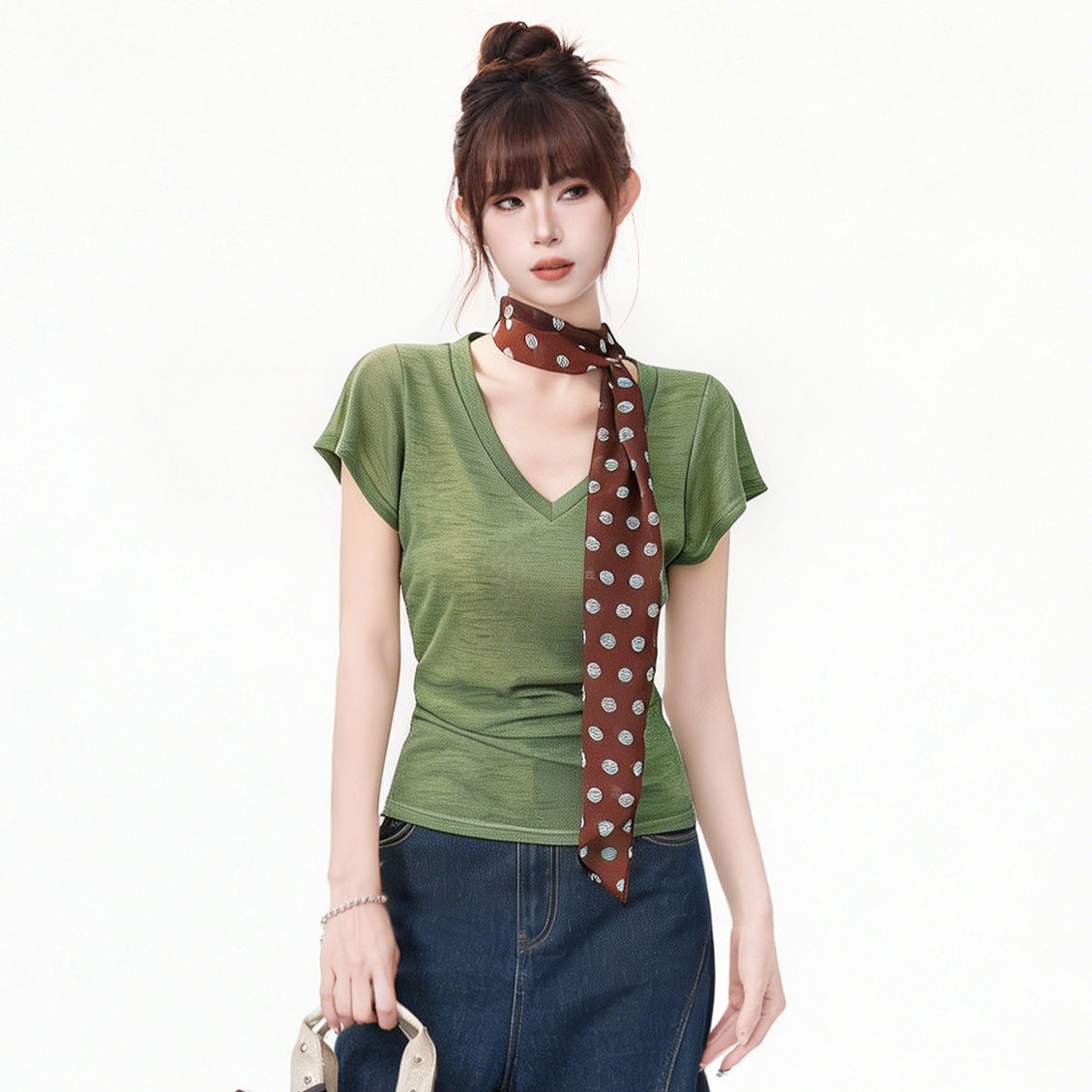 V-Neck Short Sleeve T-Shirt for Women, Green Slim-Fitting Unique and Beautiful Summer Top