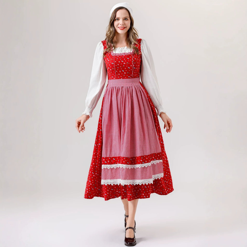 Vintage Rustic Style Little Red Riding Hood Dress, German Bavarian Traditional Servant Costume Cosplay Dress